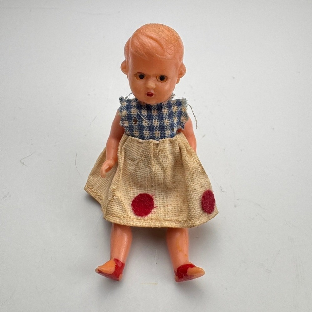 Vintage Miniature Hard Plastic Doll Sleep Eyes Gingham Polka Dot Dress 2.75 Inch